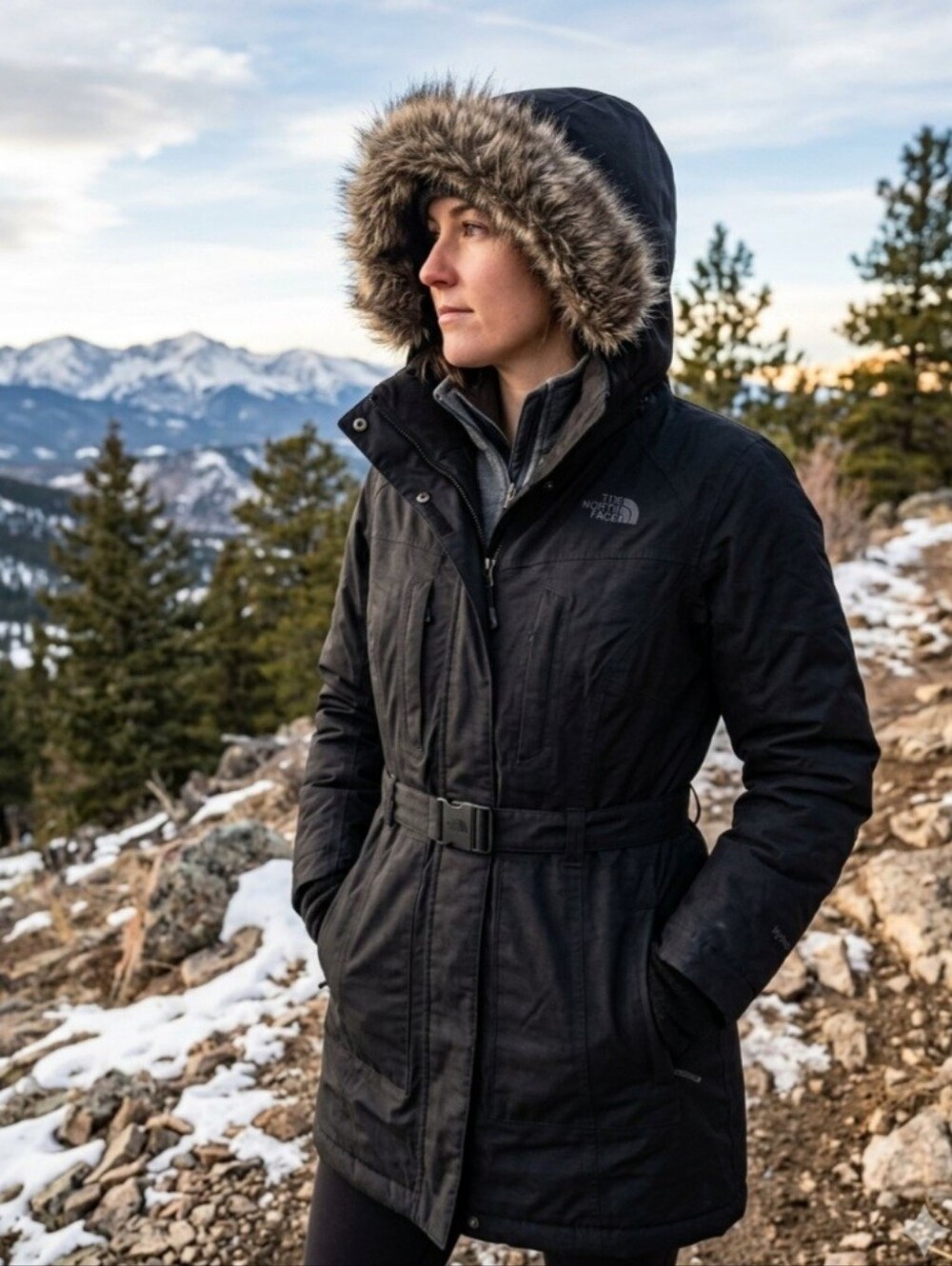 Large The North Face Women's Hyvent Faux Fur Hooded Belted Parka Jacket.